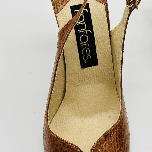 Women's Slingback Heels Shoes Size 6 Fanfares Tan Leather 3.5 in Heel Peep Toe - Picture 5 of 7